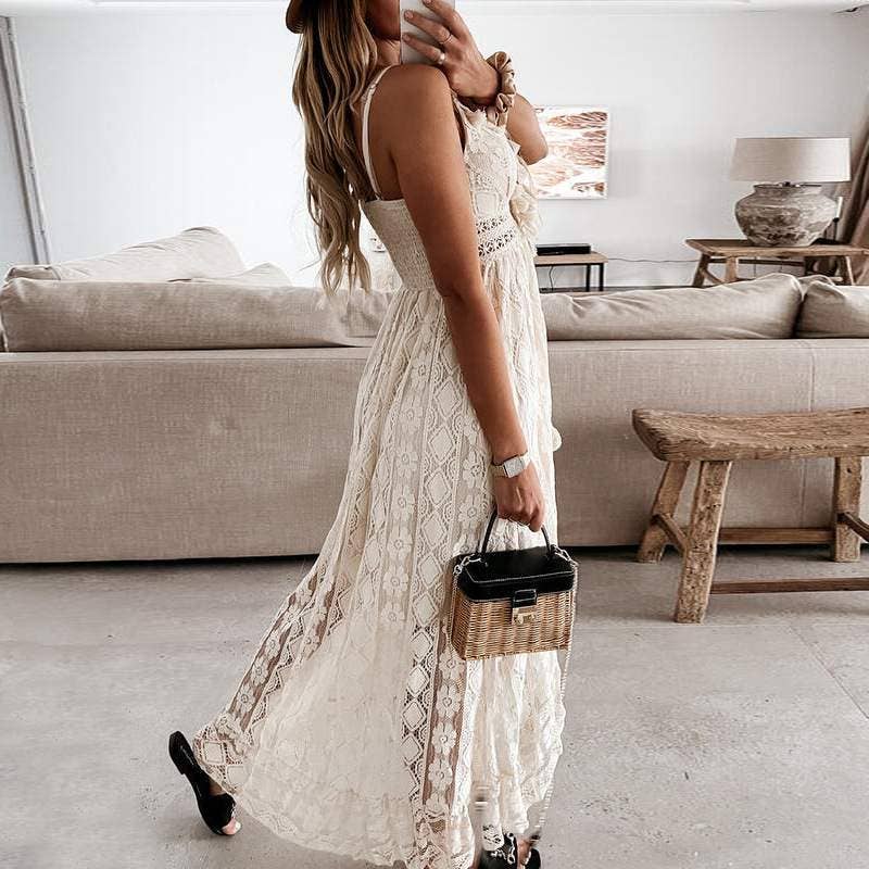 Spring lace sling large swing solid color dress