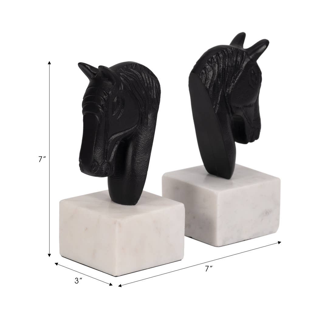 White/Black Metal Horse Head bookends on marble bases
