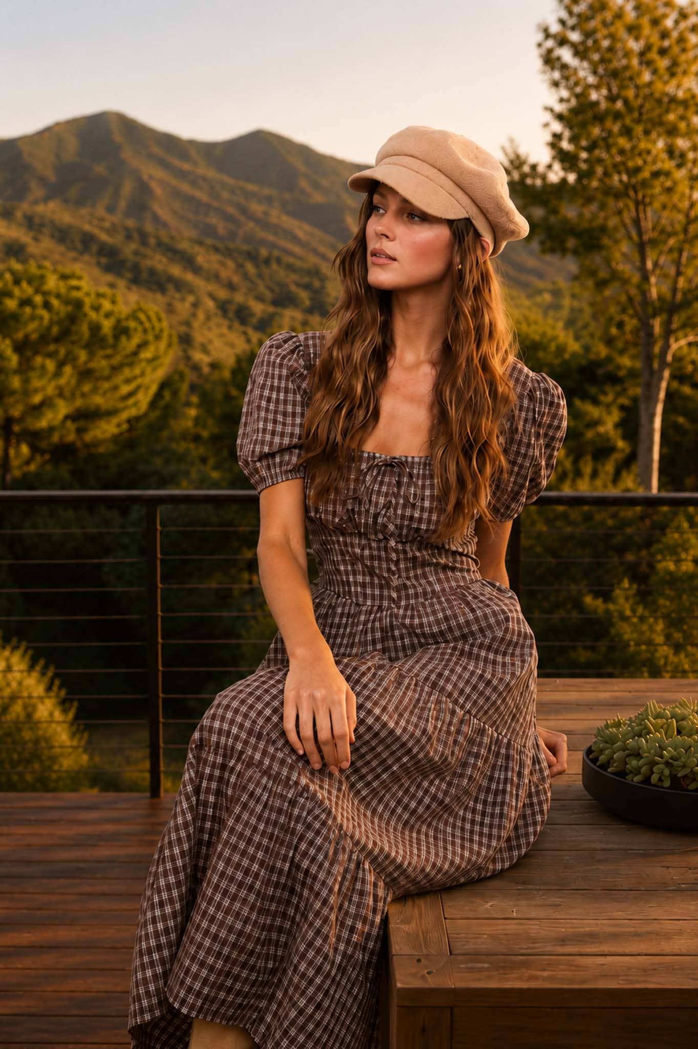 PLAID PUFF SLEEVE CORSET MIDI DRESS