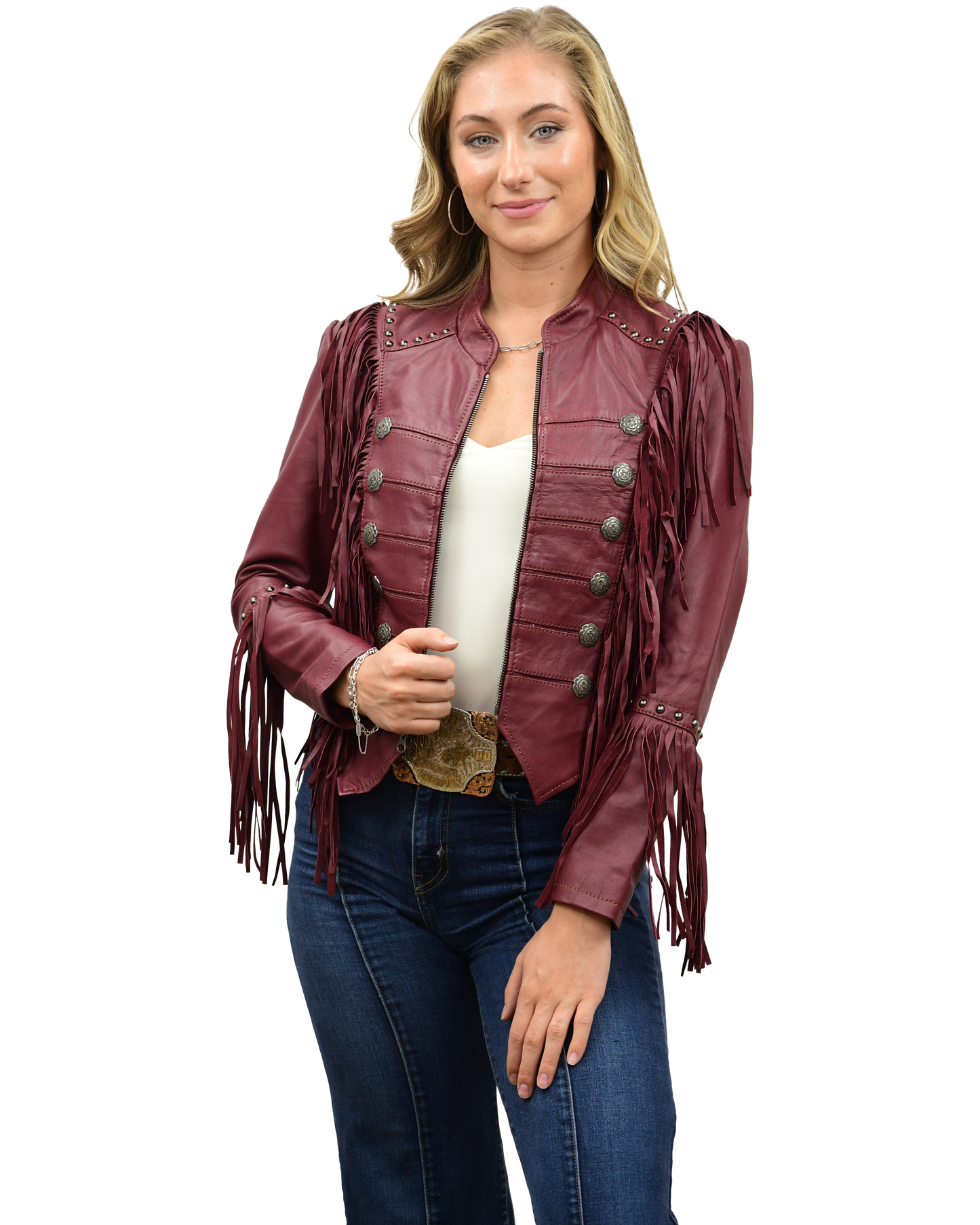 Soft and flattering deep red fringe leather jacket
