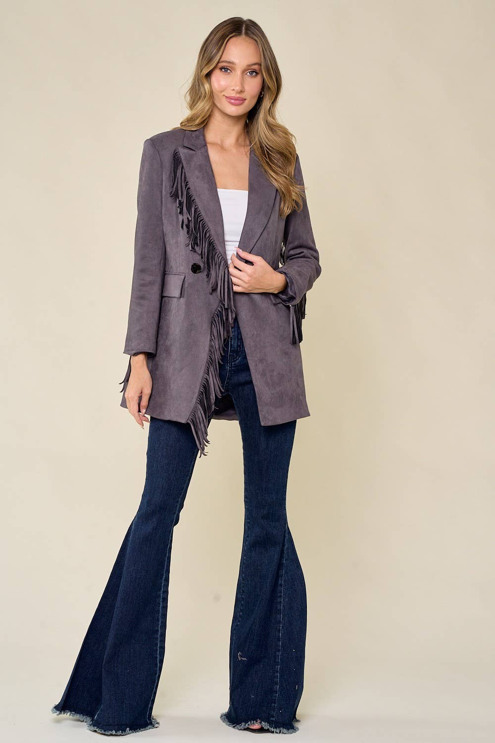 Purple/gray fringed Blazed in Faux Suede