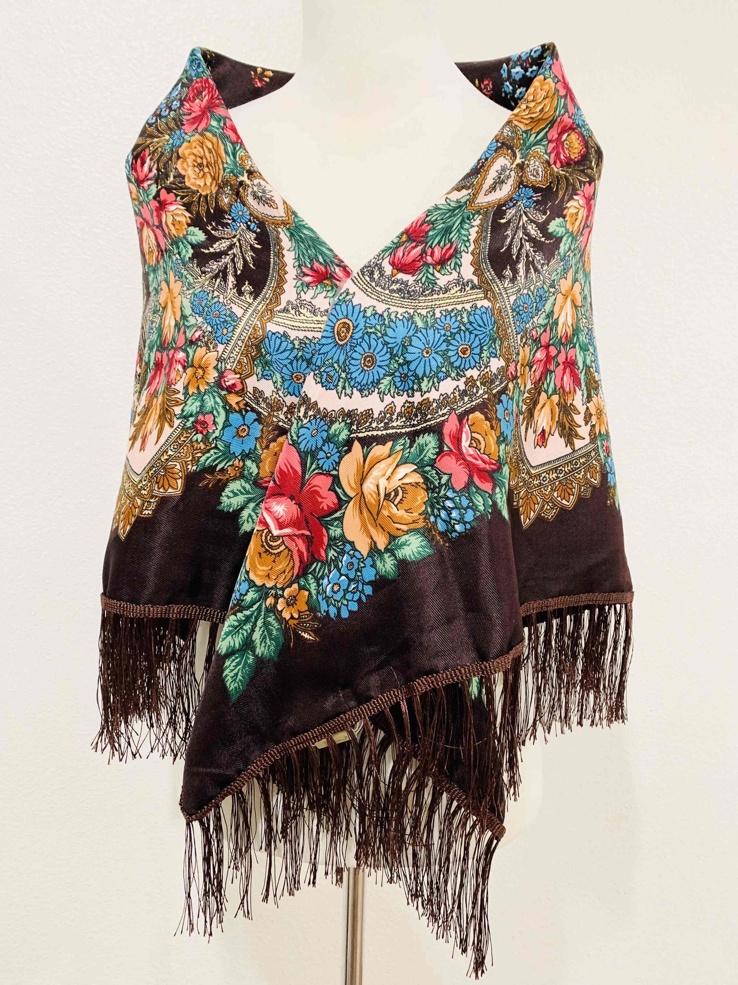 Western or Spanish Long Fringe Floral Square Scarf/Shawl