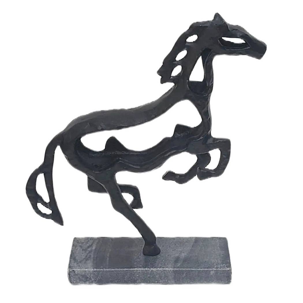 Black Metal Stone Galloping Horse on marble Base, 14 in