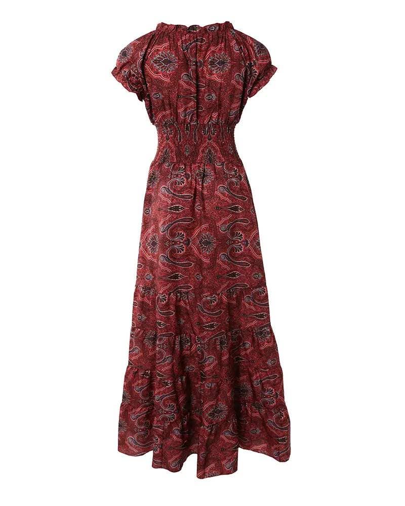 Vintage tribal print shirred waist maxi dress