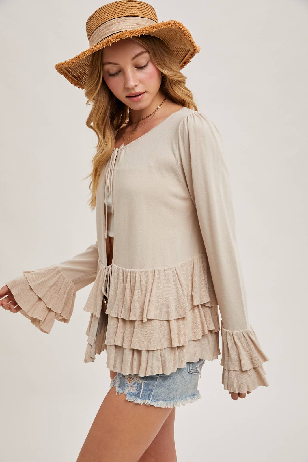 RUFFLED FRONT TIE BELL SLEEVE CARDIGAN