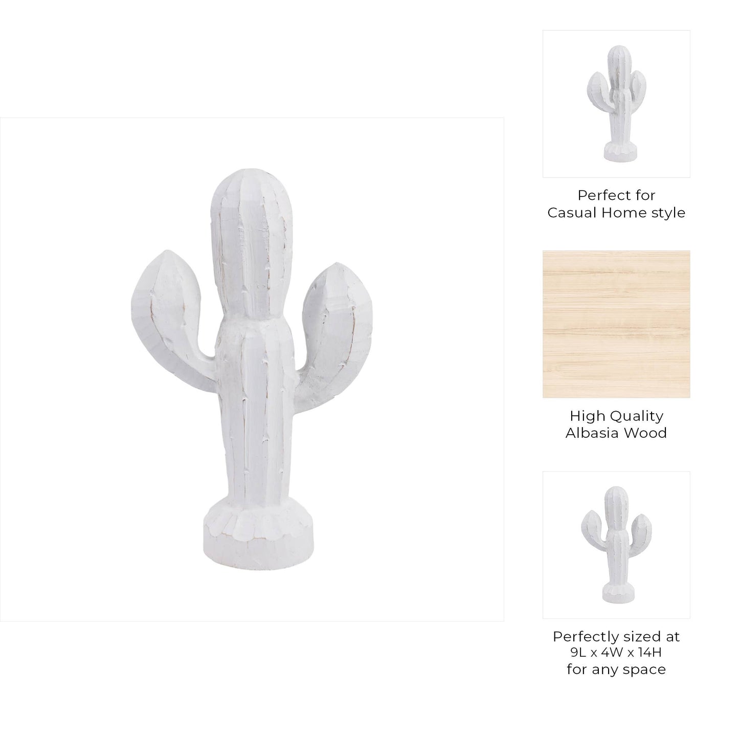 White Wood Hand carved Cactus, 14 in.