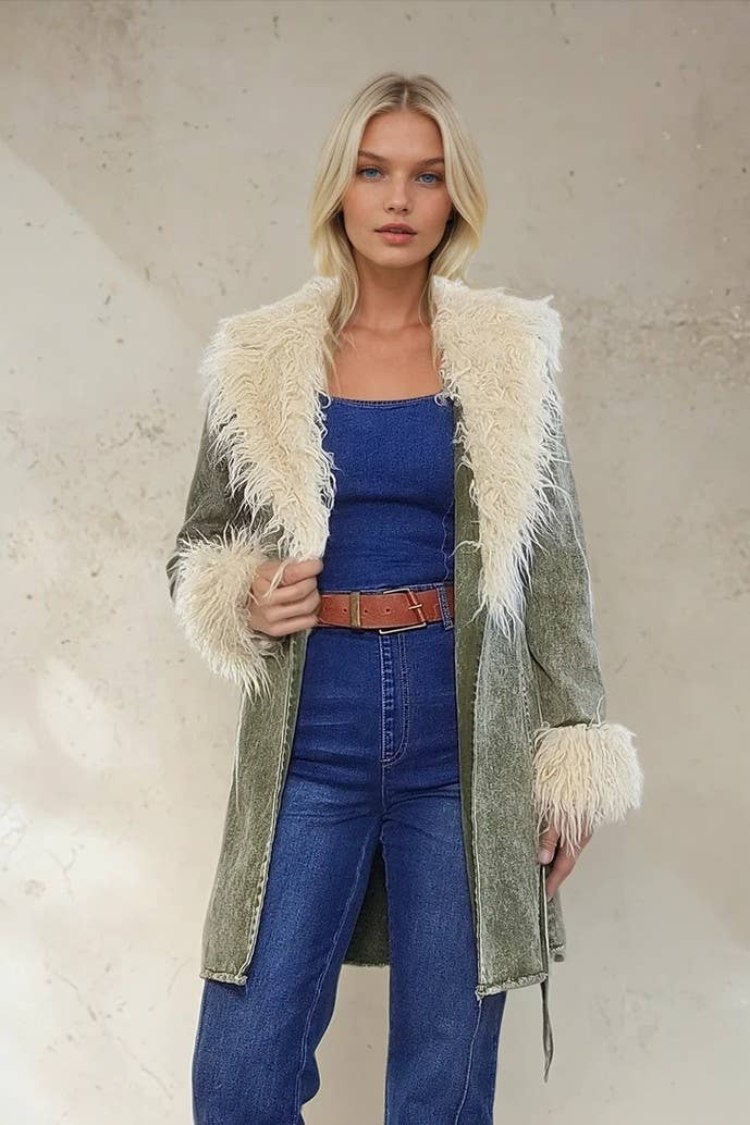 Olive washed Denim with faux fur collar and cuffs