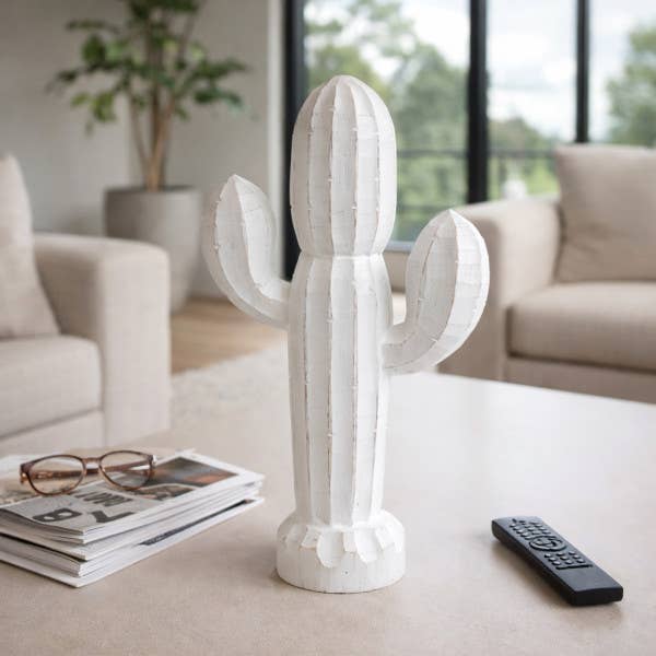 Wood Carved Cactus Decorative Figurine - White, 18 in.