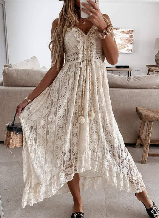 Spring lace sling large swing solid color dress