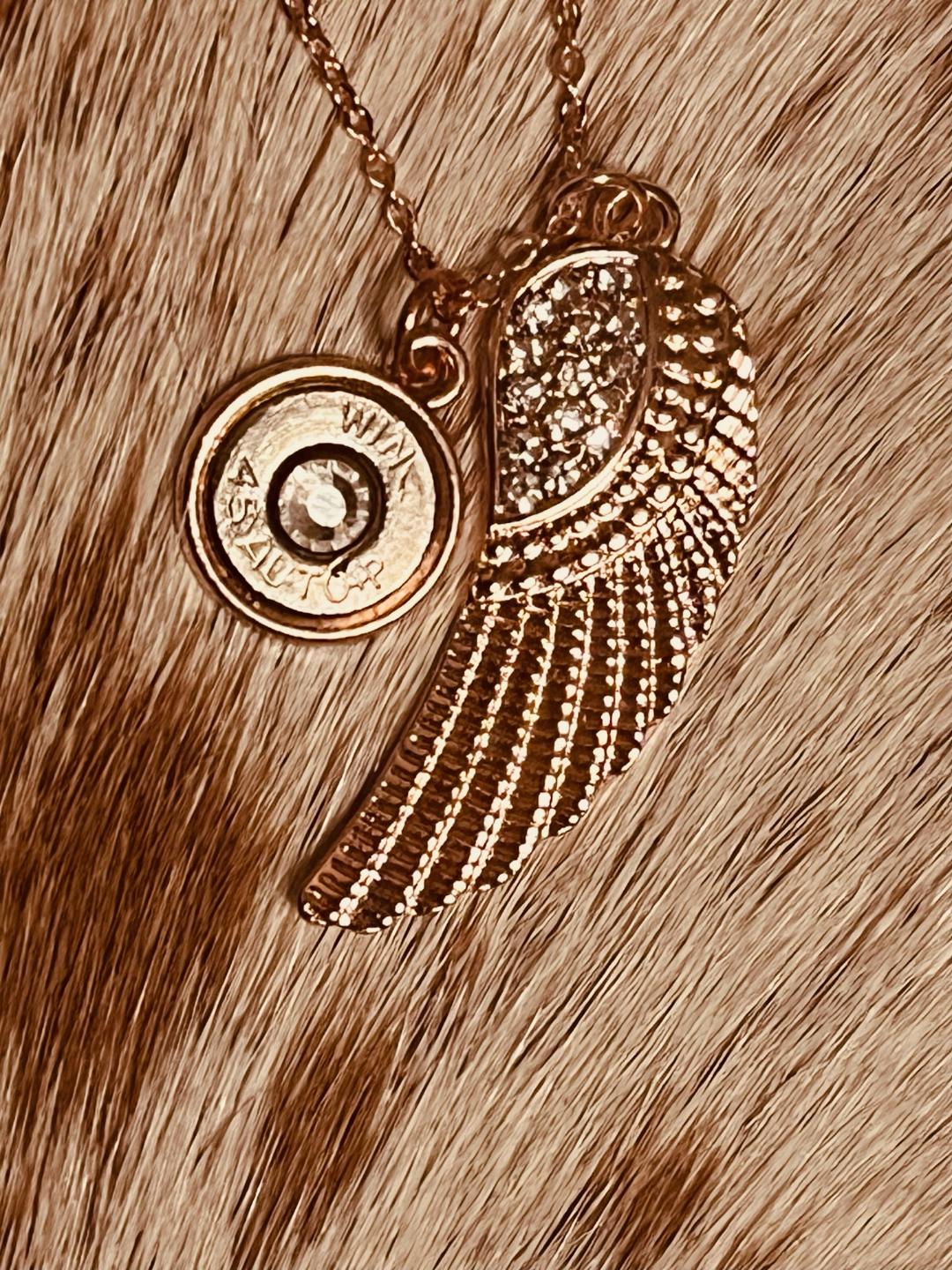 Rose Gold Feather and Bullet shell necklace