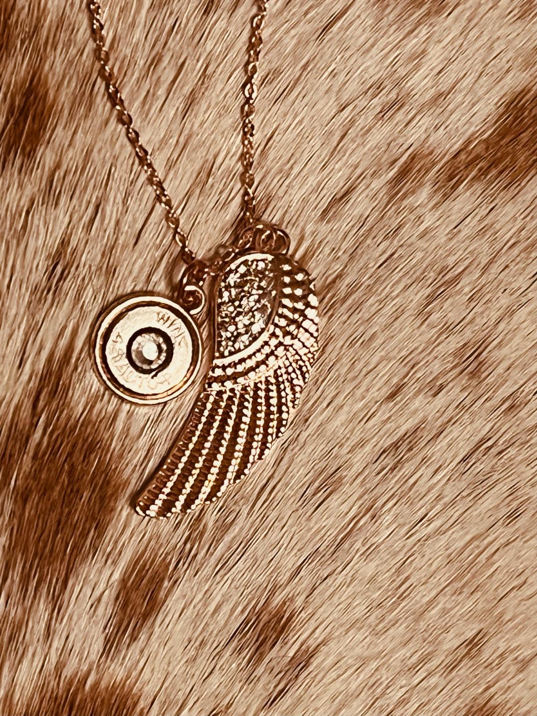 Rose Gold Feather and Bullet shell necklace