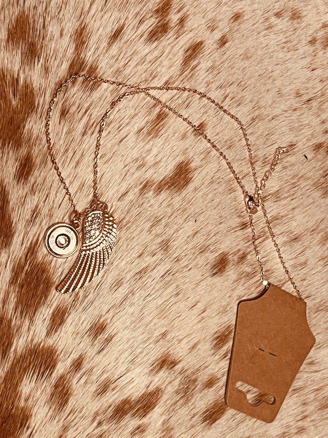 Rose Gold Feather and Bullet shell necklace