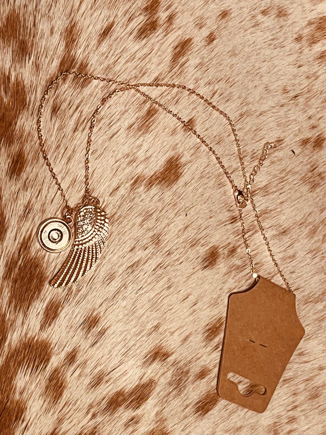 Rose Gold Feather and Bullet shell necklace