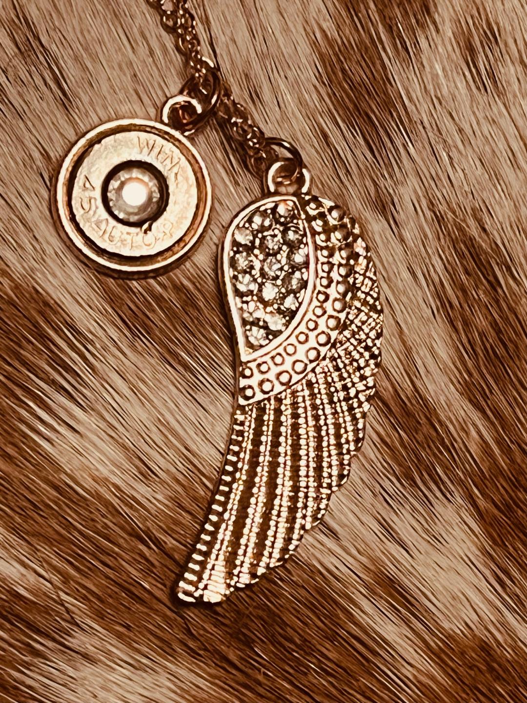 Rose Gold Feather and Bullet shell necklace