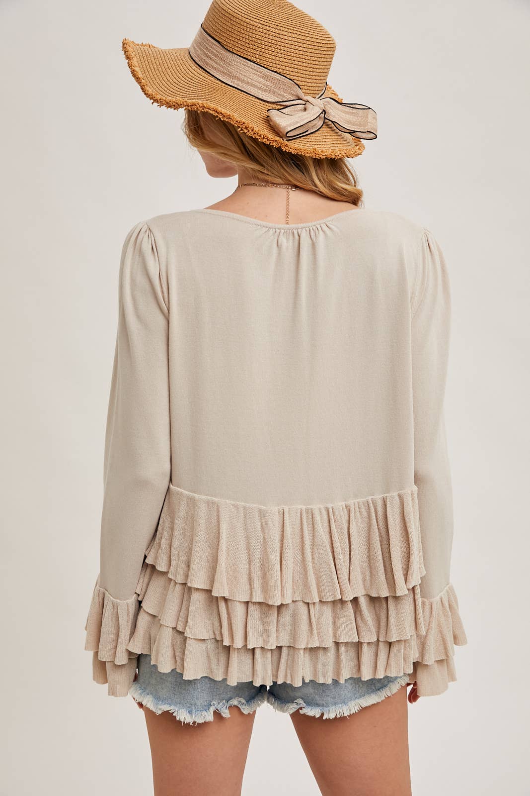 RUFFLED FRONT TIE BELL SLEEVE CARDIGAN