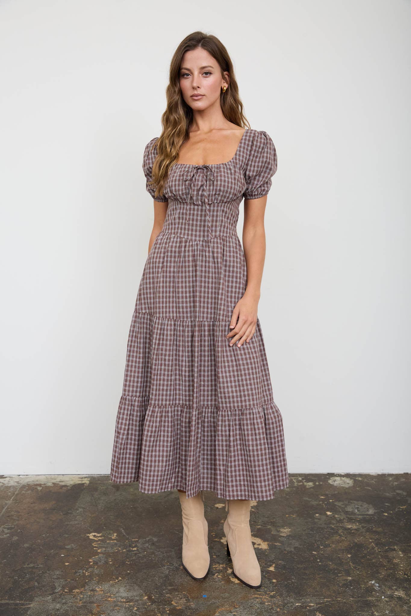 PLAID PUFF SLEEVE CORSET MIDI DRESS