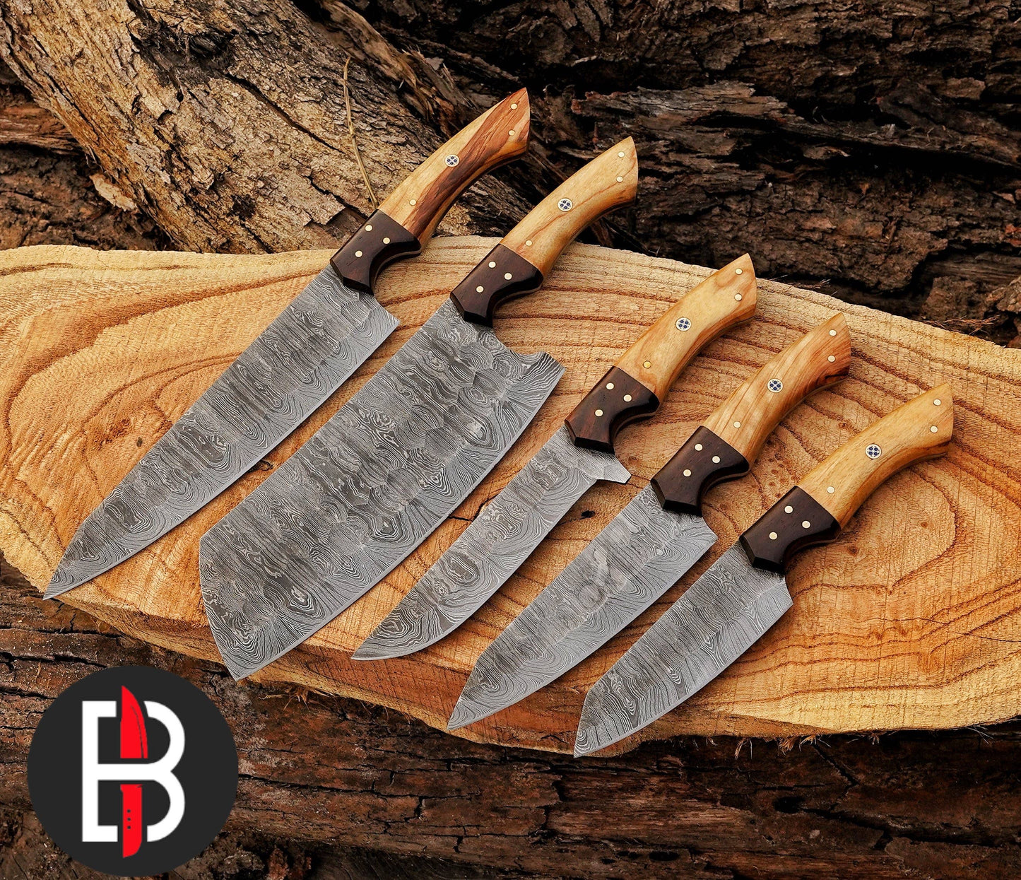 5 Pcs Damascus Steel Lightwood Handmade BBQ Kitchen Knives