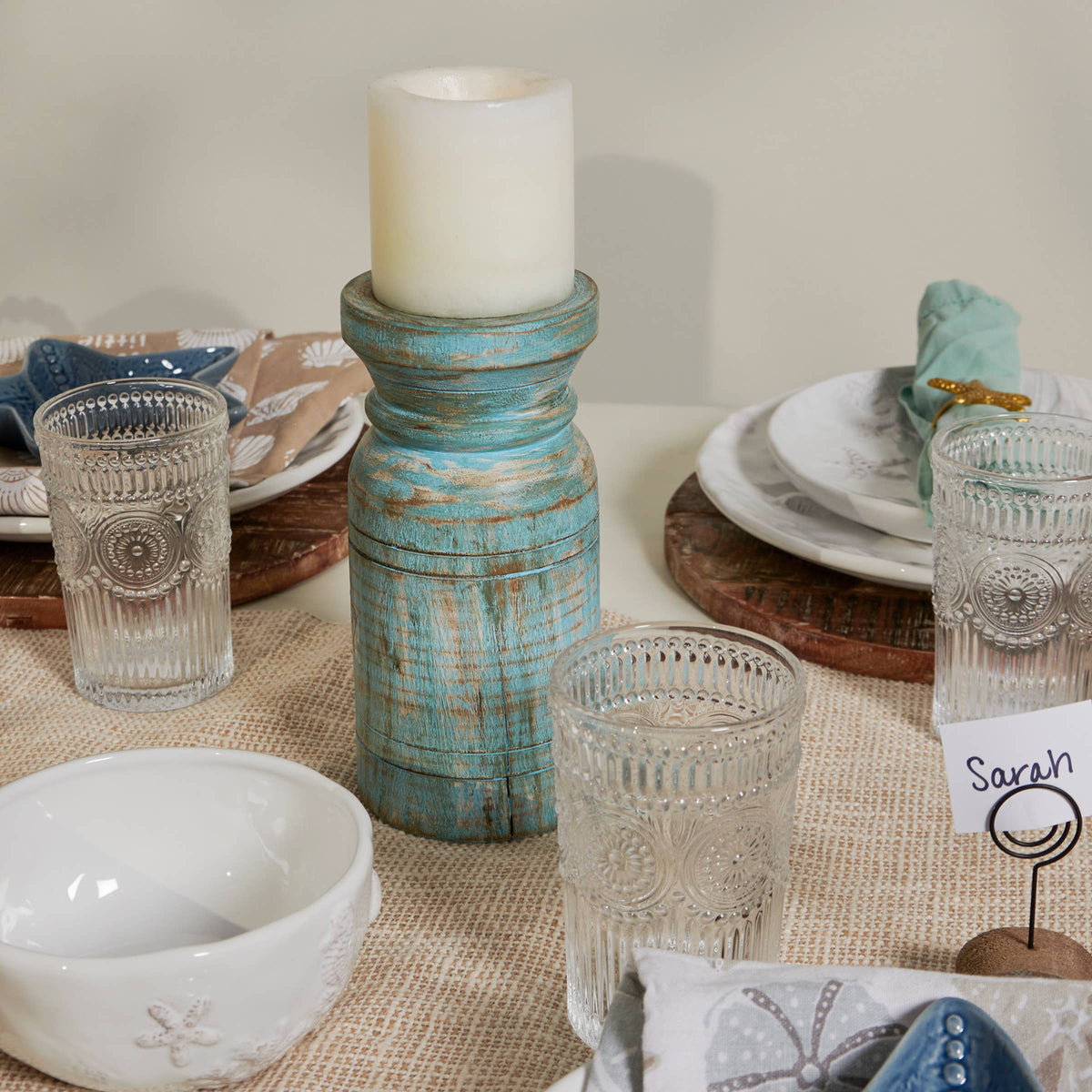 Distressed Blue Candle Holder