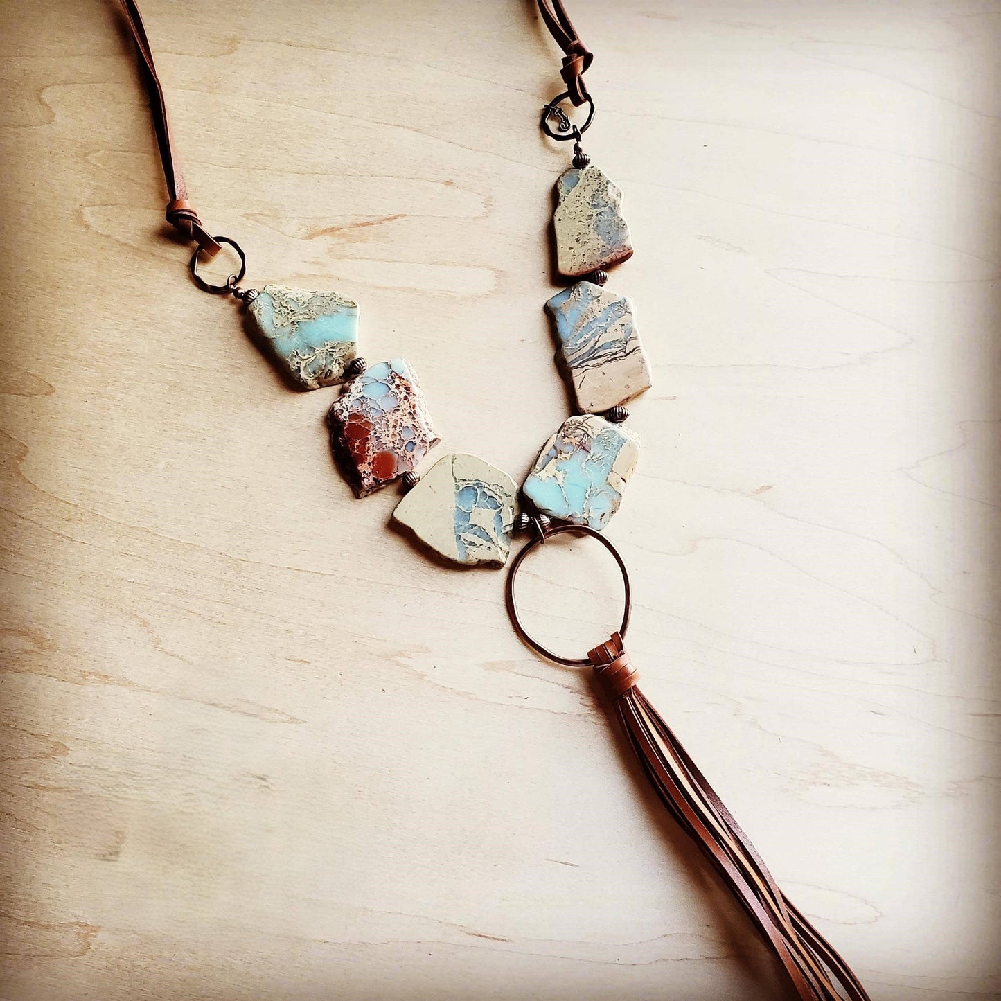 Aqua Terra Slab Necklace with Copper Hoop and Fringe tassel