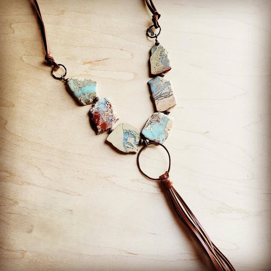 Aqua Terra Slab Necklace with Copper Hoop and Fringe tassel