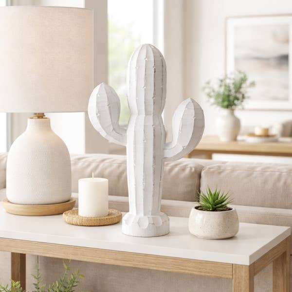 Wood Carved Cactus Decorative Figurine - White, 18 in.
