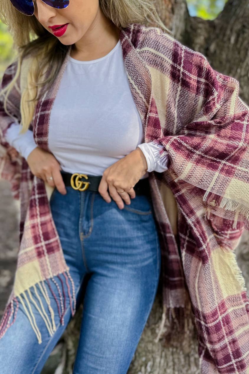 Burgundy Plaid Print Lightweight Knitted Kimono With Fringe