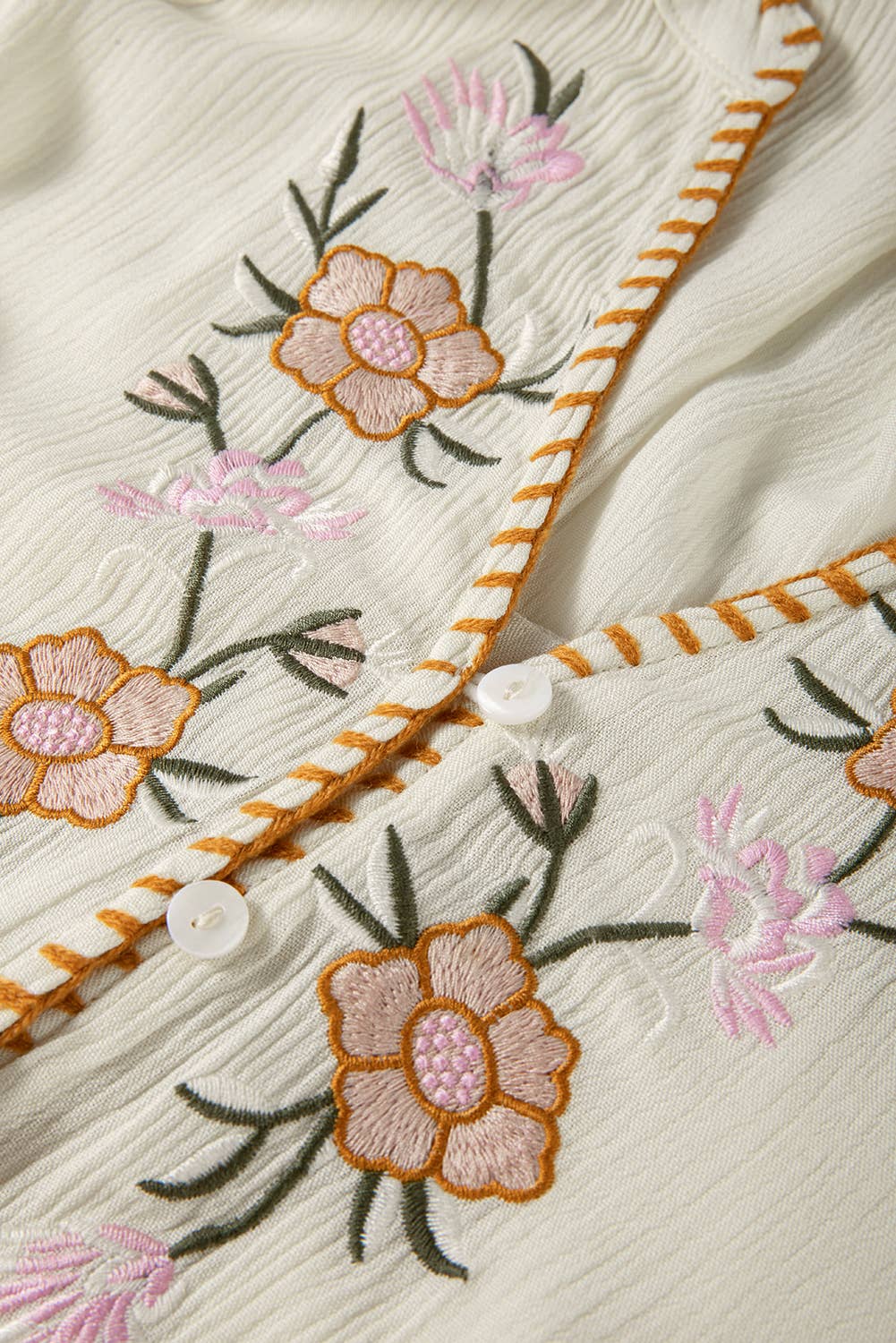 Floral Embroidered Textured Spring Puff Sleeve Loose Shirt