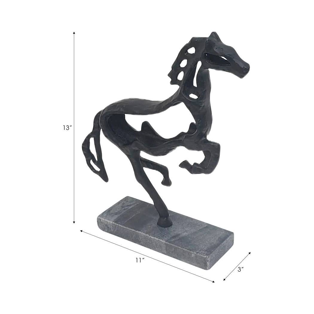Black Metal Stone Galloping Horse on marble Base, 14 in