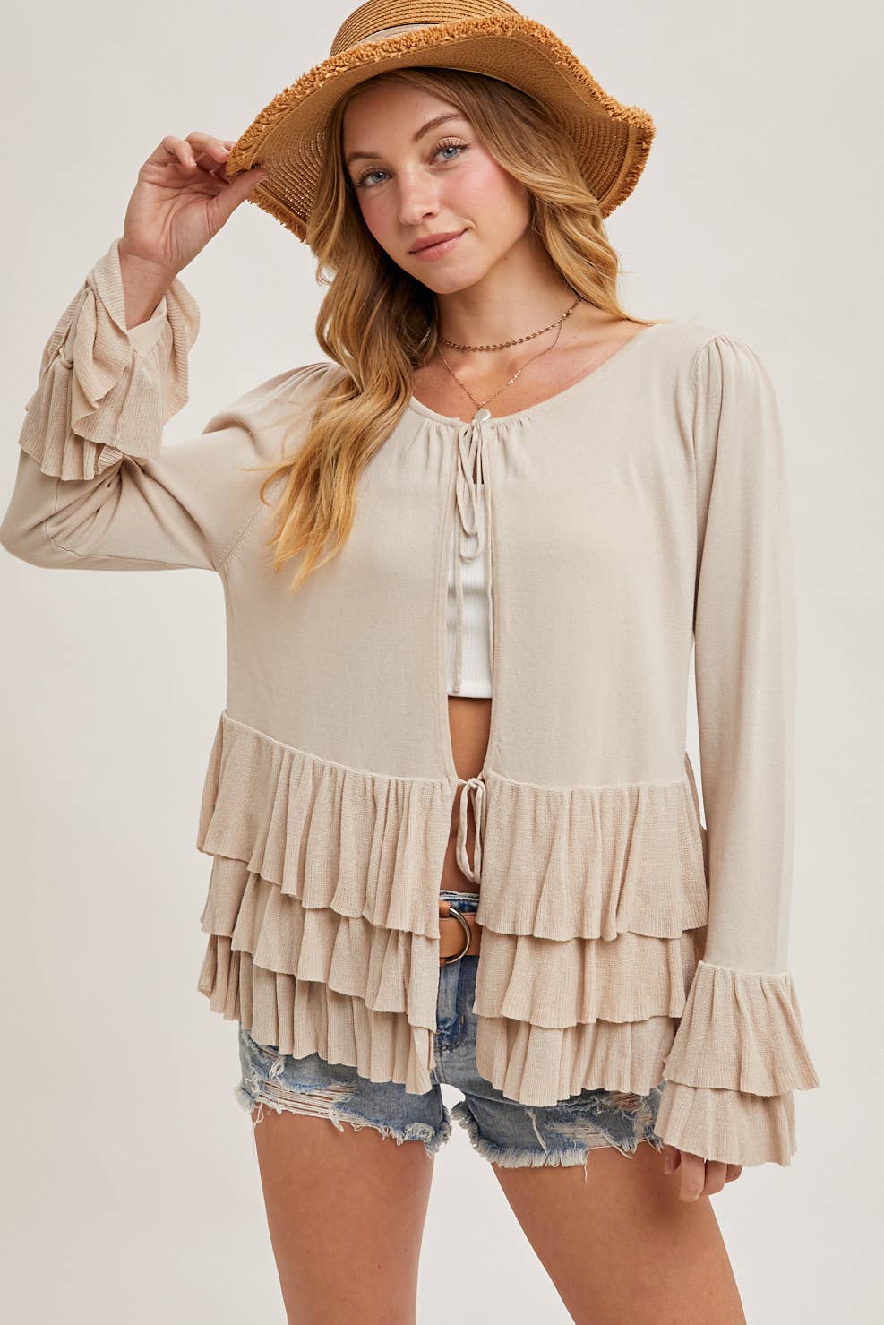 RUFFLED FRONT TIE BELL SLEEVE CARDIGAN