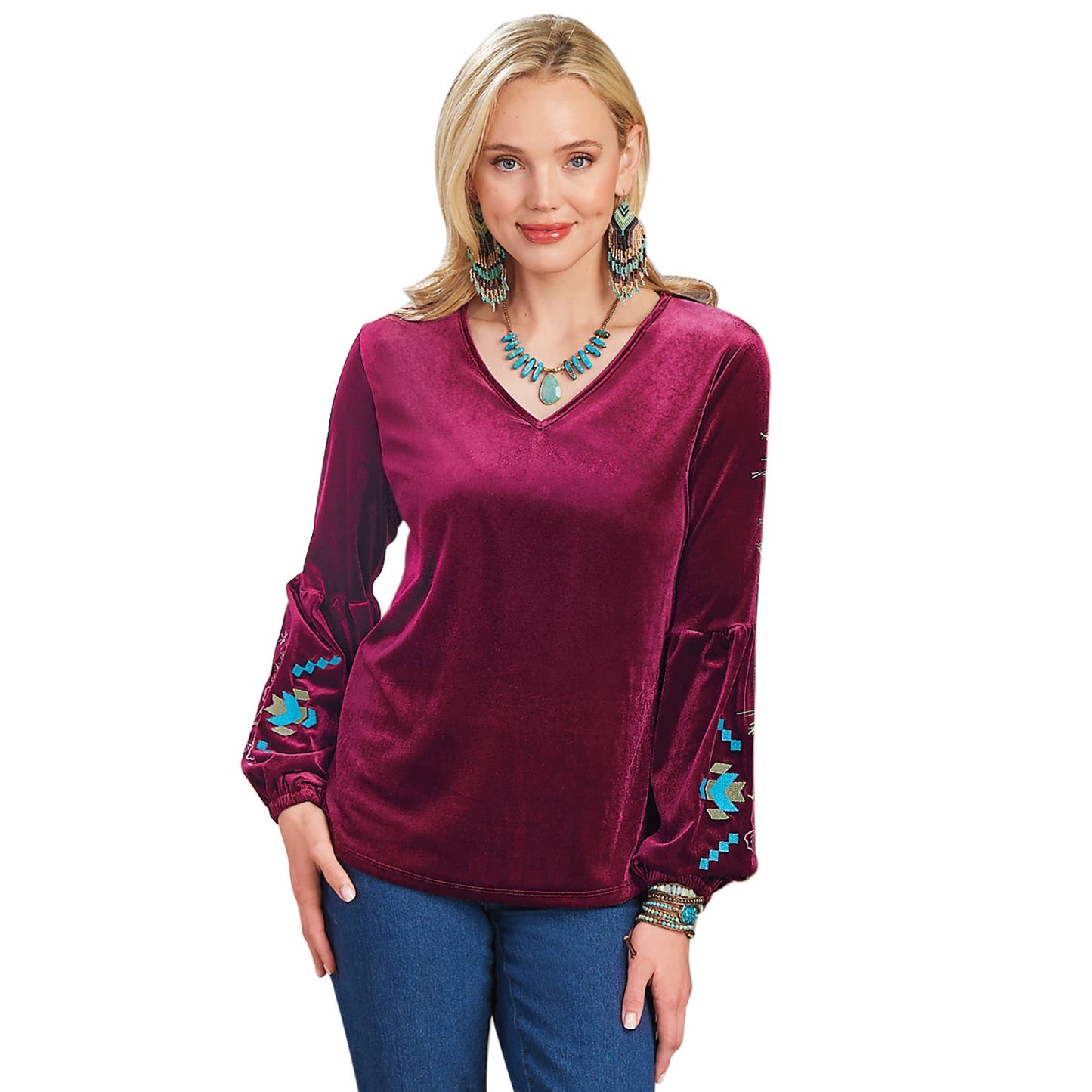 Freya Embroidered Velvet Top in deep red