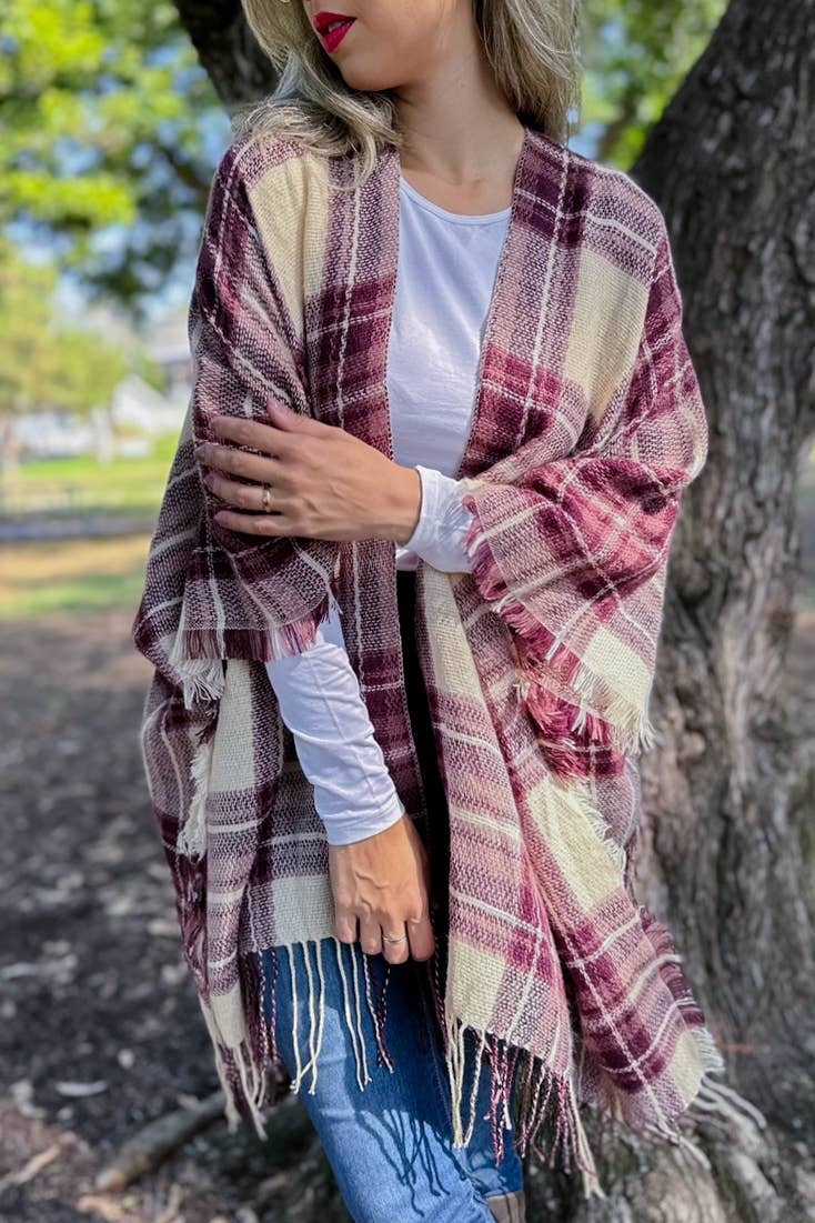 Burgundy Plaid Print Lightweight Knitted Kimono With Fringe