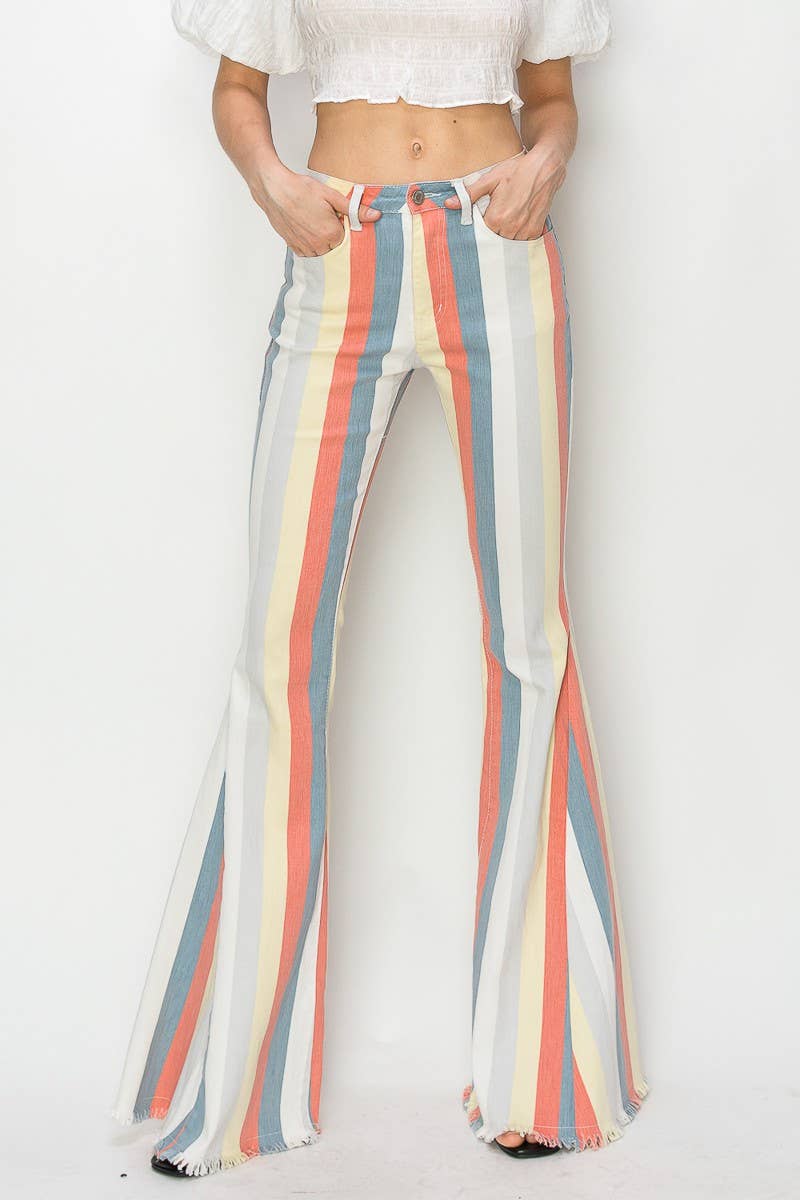 MULTI STRIPE DENIM BELLBOTTOM JEANS