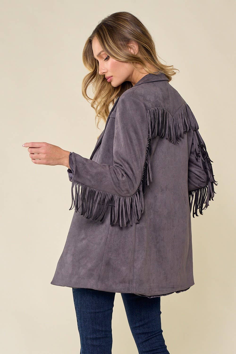 Purple/gray fringed Blazed in Faux Suede