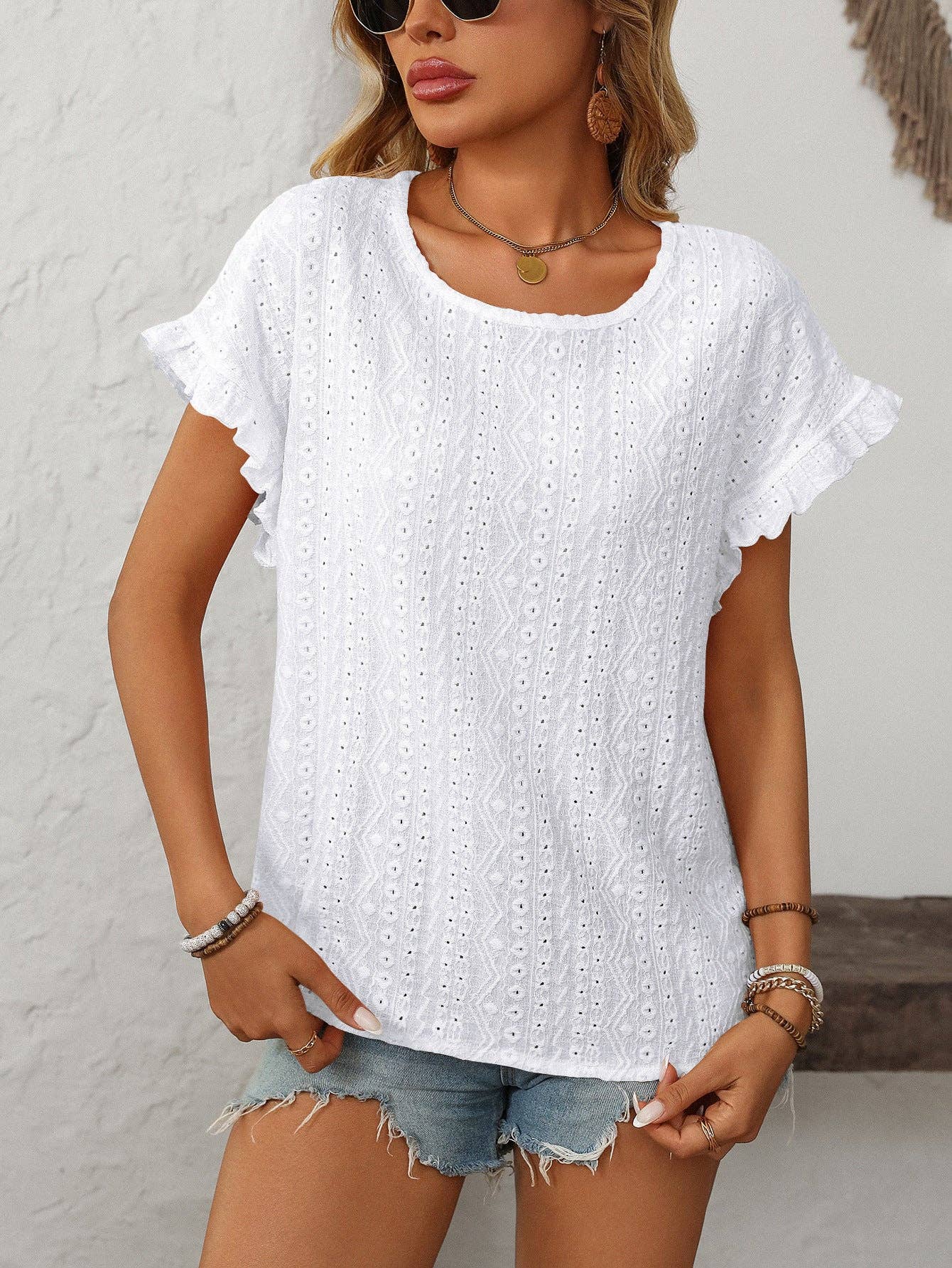 Crew Neck Ruffle Sleeve Short Sleeve Top