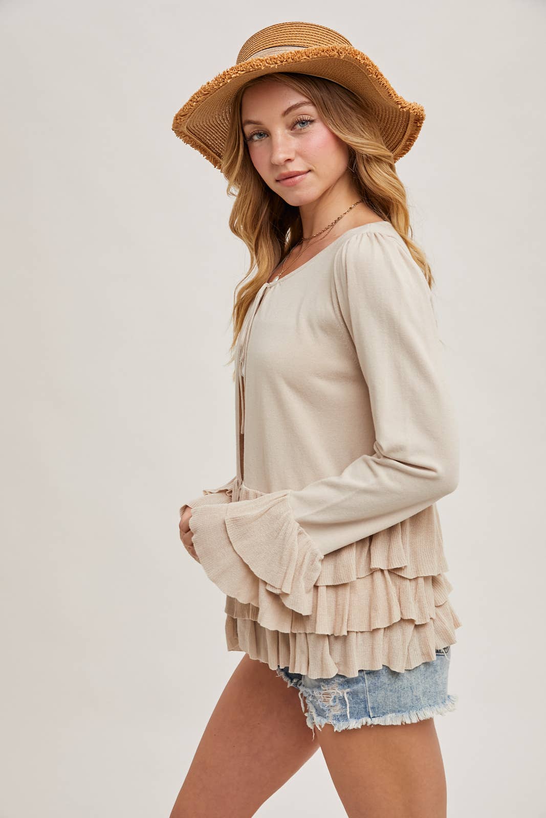 RUFFLED FRONT TIE BELL SLEEVE CARDIGAN