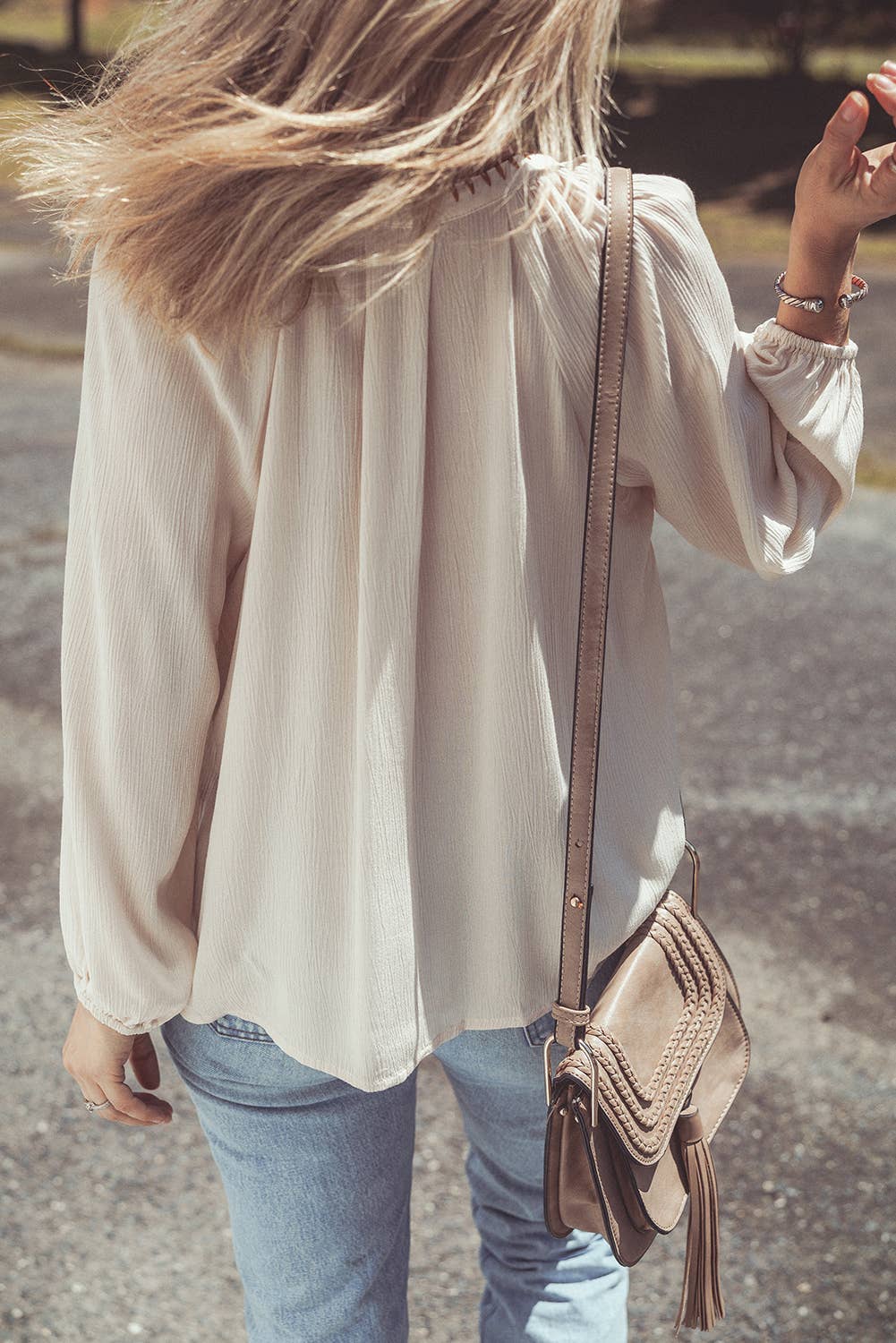 Floral Embroidered Textured Spring Puff Sleeve Loose Shirt