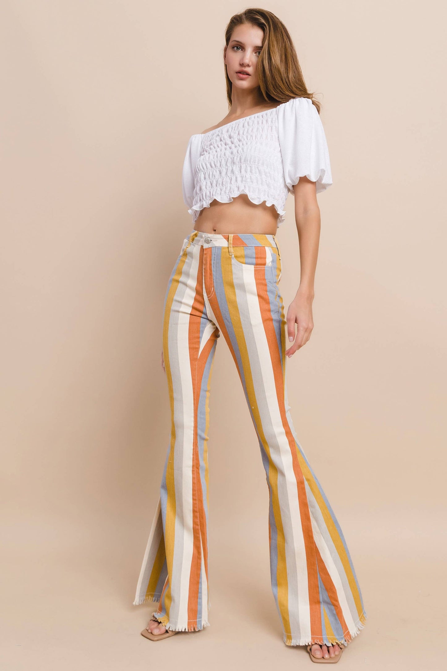 DARK MULTI STRIPE DENIM BELL BOTTOM JEANS