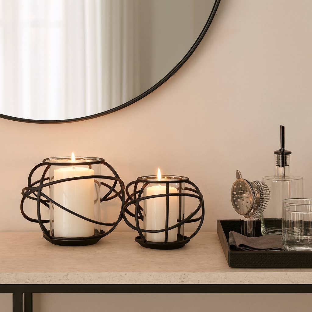 Rustic black metal swirl candle holders-set of 2