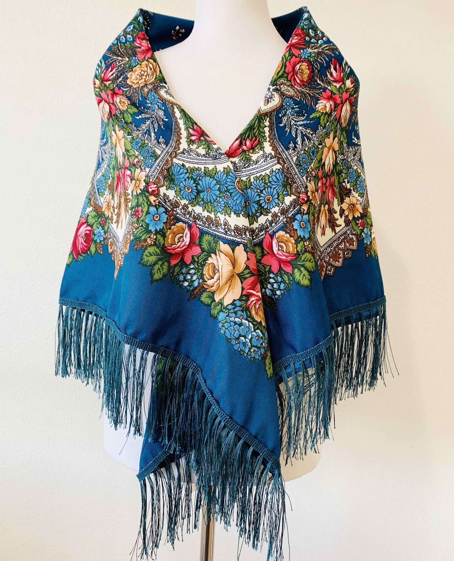 Western or Spanish Long Fringe Floral Square Scarf/Shawl