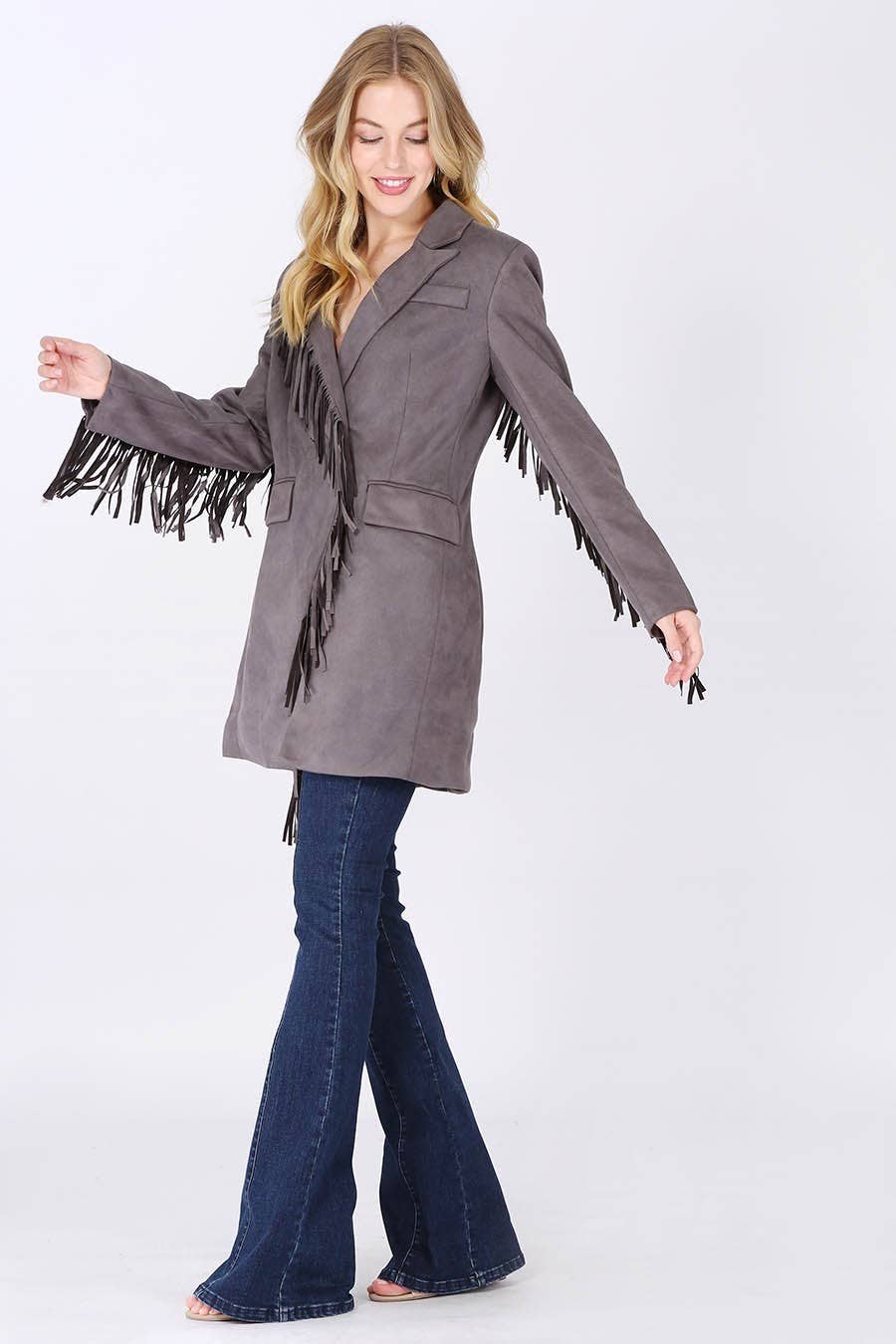 Purple/gray fringed Blazed in Faux Suede