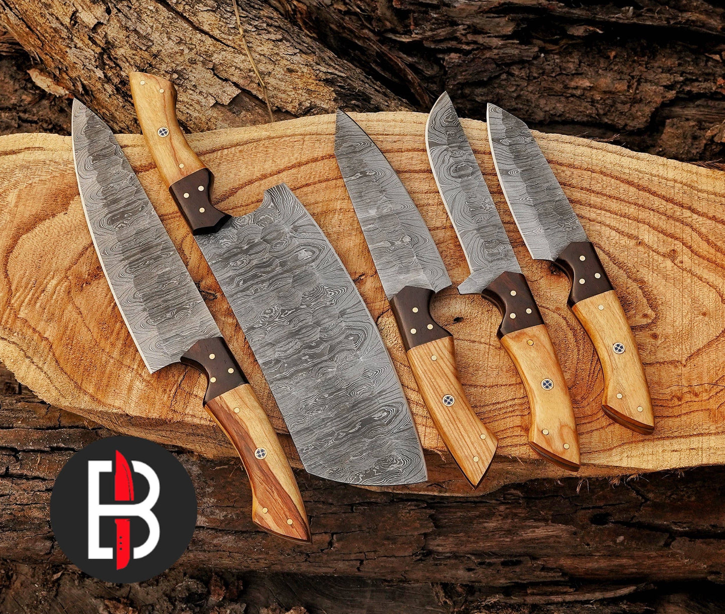 5 Pcs Damascus Steel Lightwood Handmade BBQ Kitchen Knives