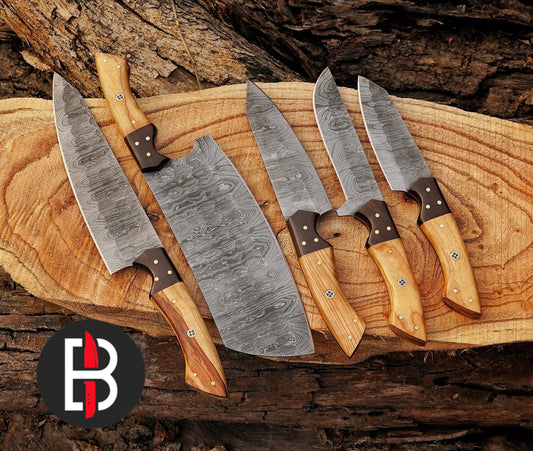 5 Pcs Damascus Steel Lightwood Handmade BBQ Kitchen Knives