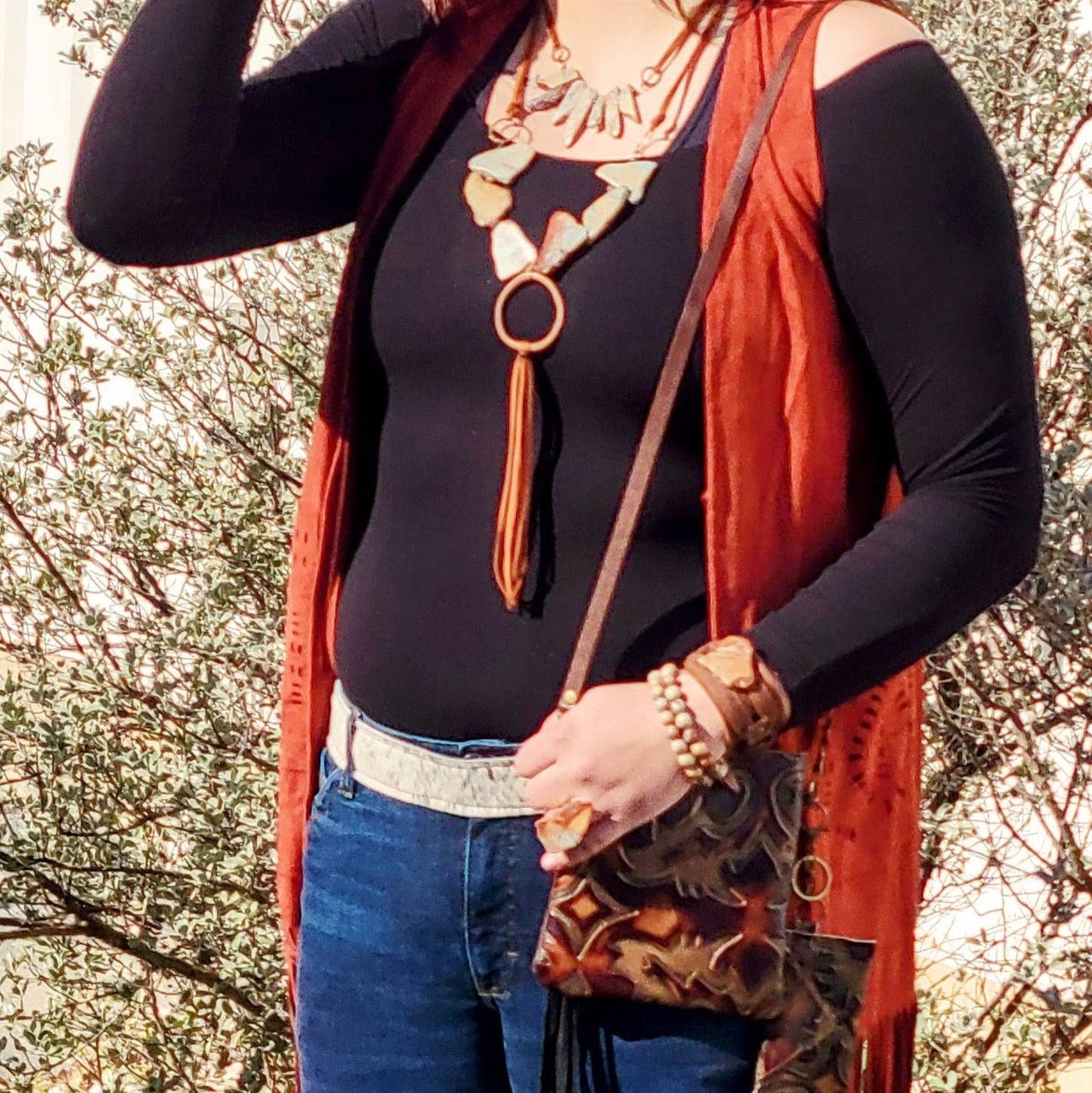 Aqua Terra Slab Necklace with Copper Hoop and Fringe tassel
