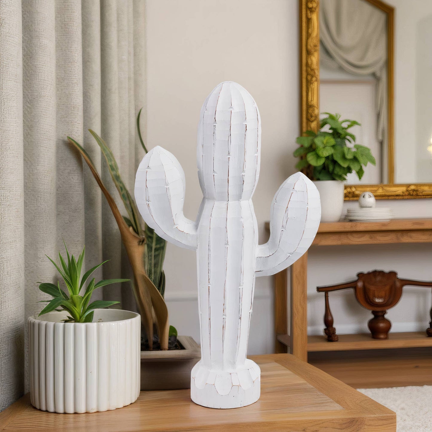 Wood Carved Cactus Decorative Figurine - White, 18 in.
