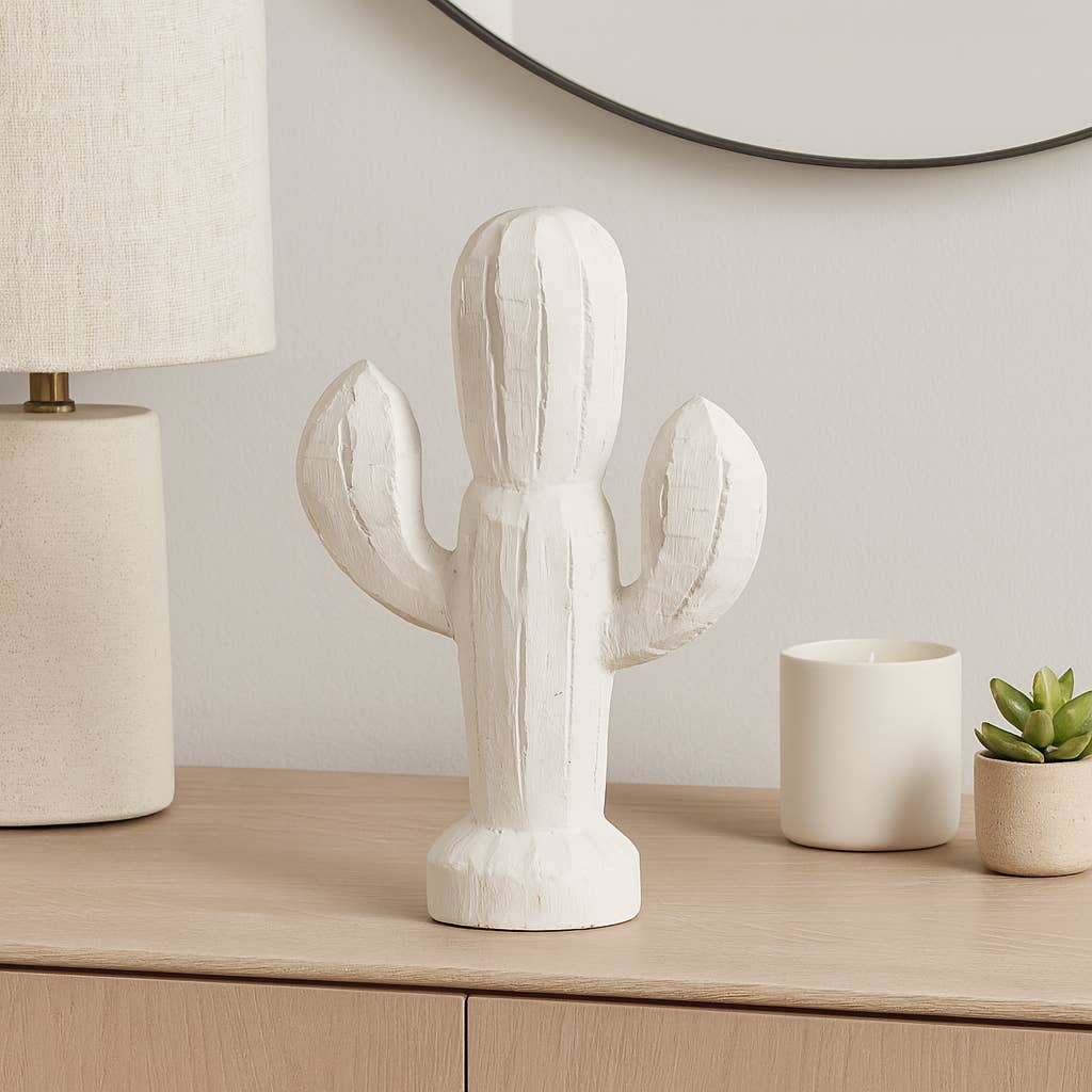 White Wood Hand carved Cactus, 14 in.