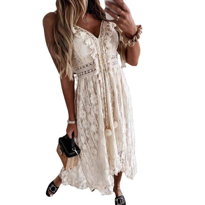 Spring lace sling large swing solid color dress
