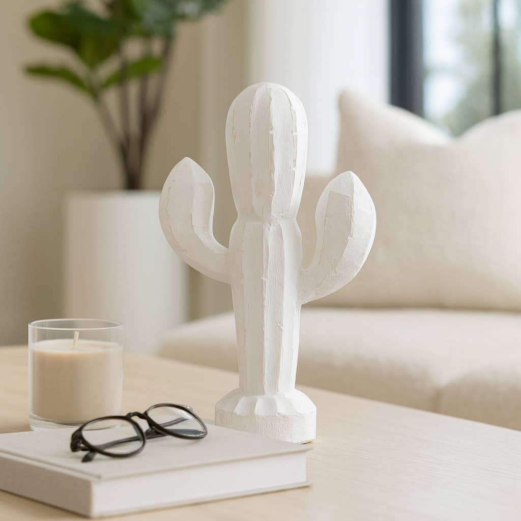 White Wood Hand carved Cactus, 14 in.