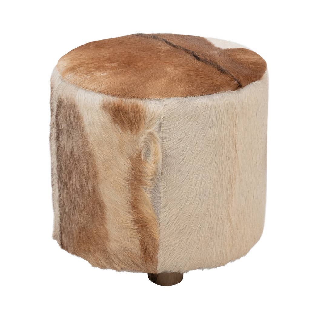 Ottoman - Multicolor Wooden Round Patchwork Cowhide, 18 in.