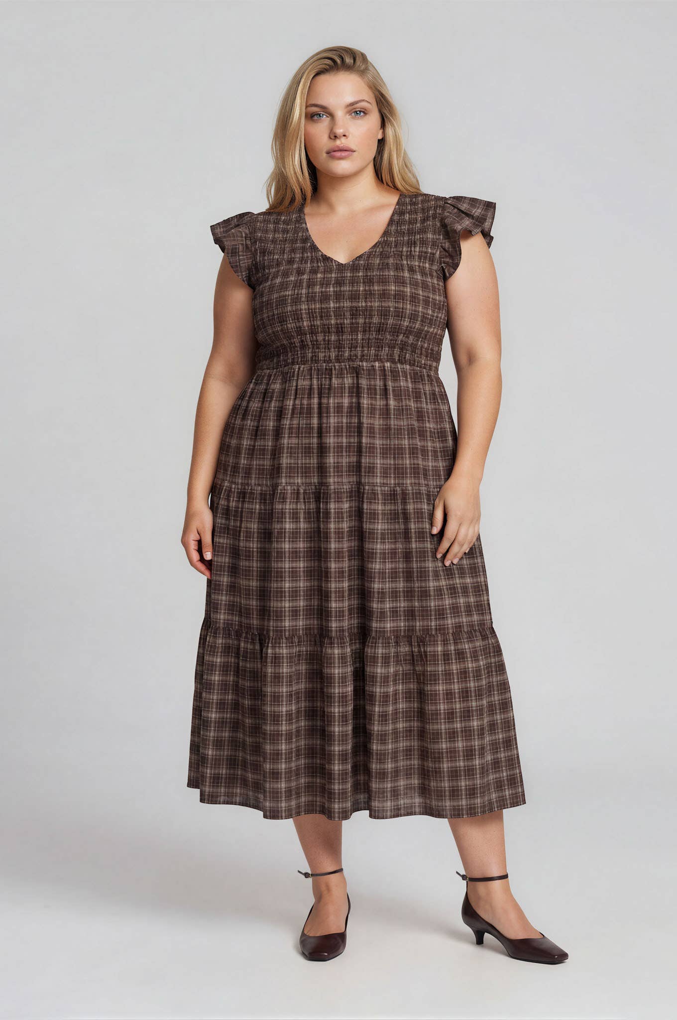PLUS PLAID V NECK SMOCKED TIERED MIDI DRESS