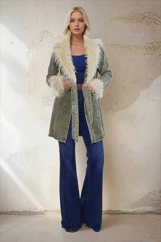 Olive washed Denim with faux fur collar and cuffs